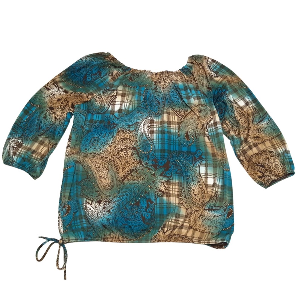 Vintage‎ Carol Rose Blouse Womens XL Green Paisley Plaid 3/4 Sleeve Stretch Top - Picture 9 of 11